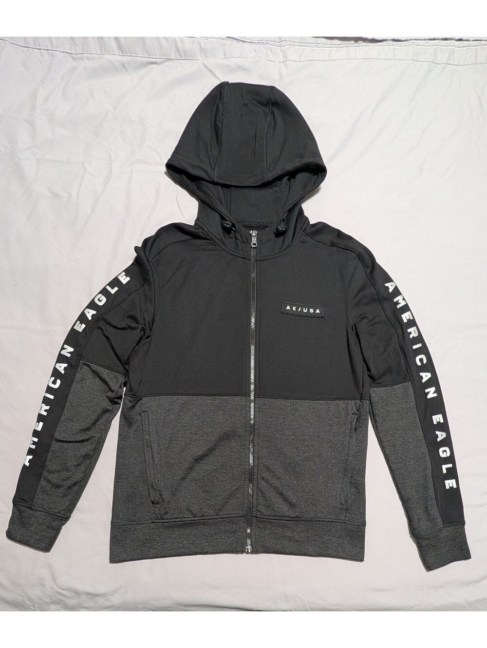 American Eagle Men's Active Full Zip Hoodie Black Gray Sleeve Text (Small)